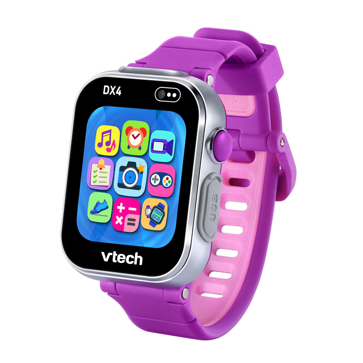 VTech KidiZoom DX4 purple watch-face for time-telling and style.