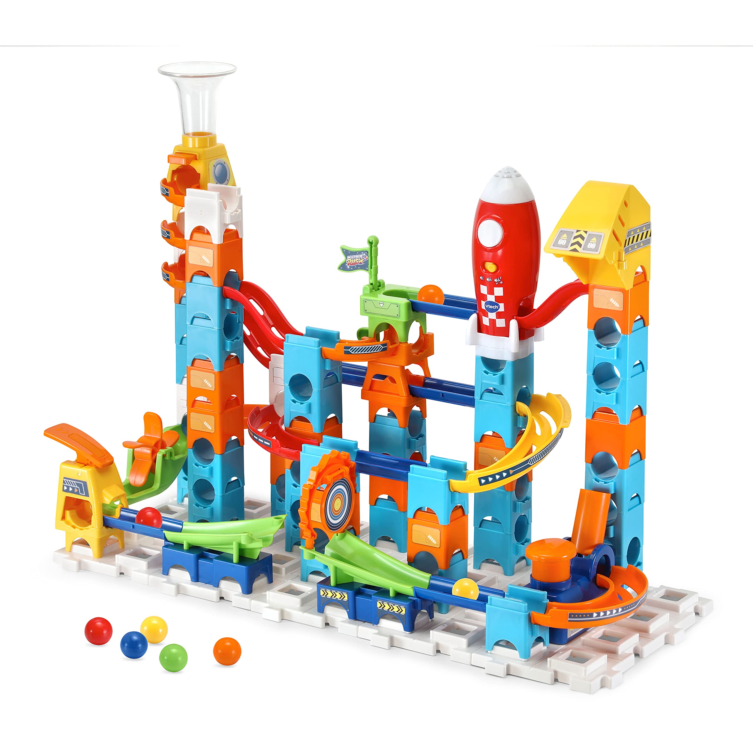 VTech Marble Rush Launchpad ramps and tracks create dynamic marble twists.