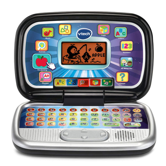 VTech Play Smart Preschool Laptop front view shows a kid-friendly black design with engaging learning features.