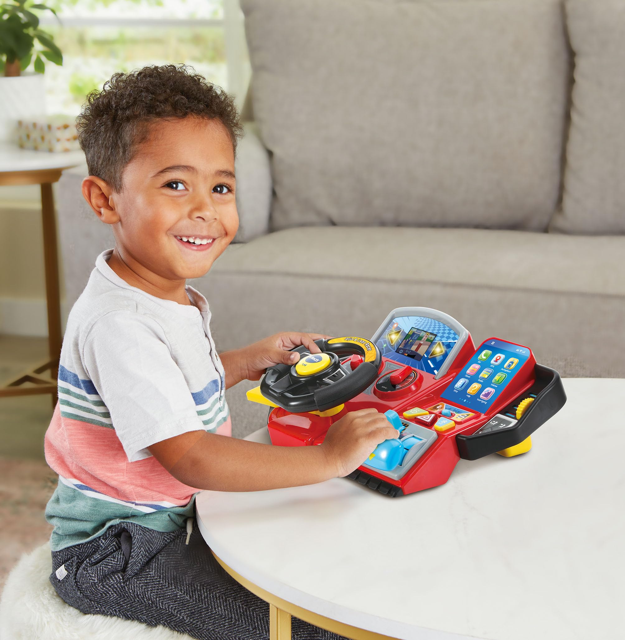 VTech Ride & Learn Racer child playing scene highlights portable, screen-based education on the go.