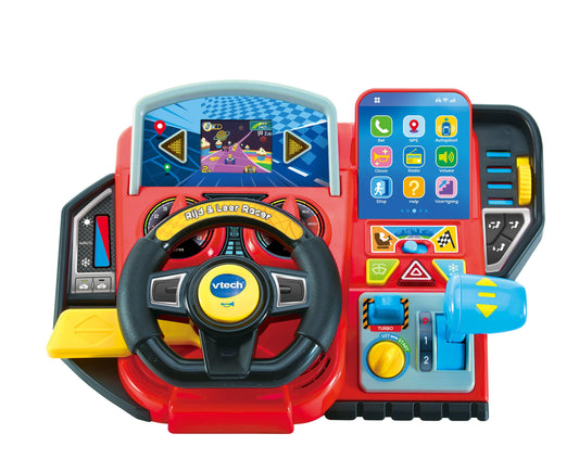 VTech Ride & Learn Racer dashboard closeup for immersive pretend driving and interactive play.