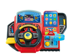 VTech Ride & Learn Racer dashboard closeup for immersive pretend driving and interactive play.