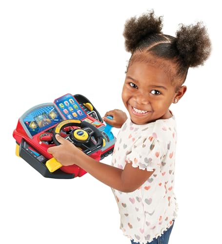 VTech Ride & Learn Racer gear lever and horn image emphasizes push-button actions and role-play.