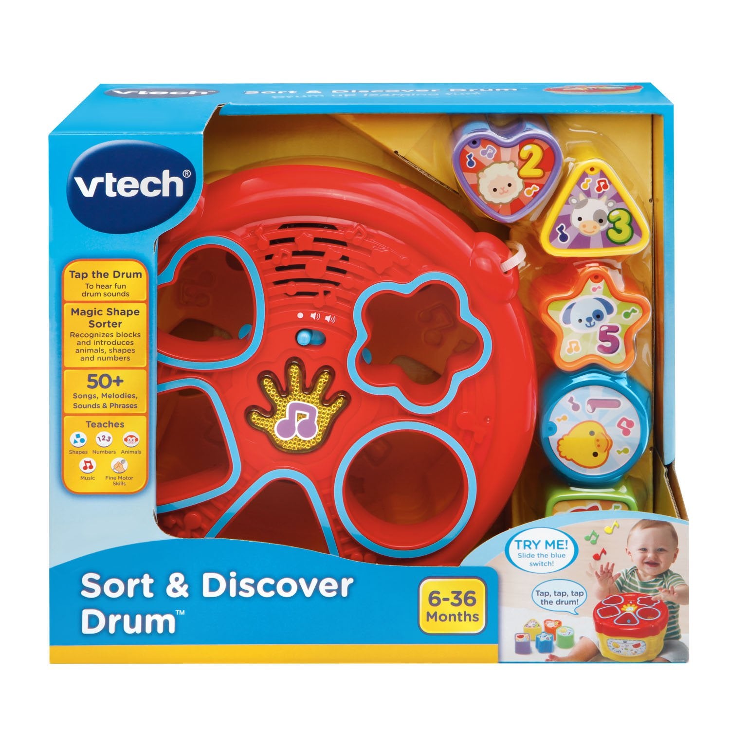 VTech Sort and Discover Drum uses demo batteries for quick setup and exploration.