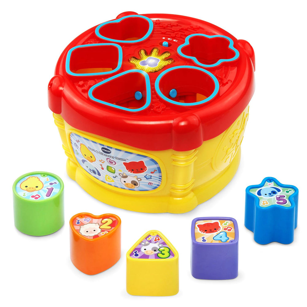 VTech Sort and Discover Drum blocks for motor skill play.