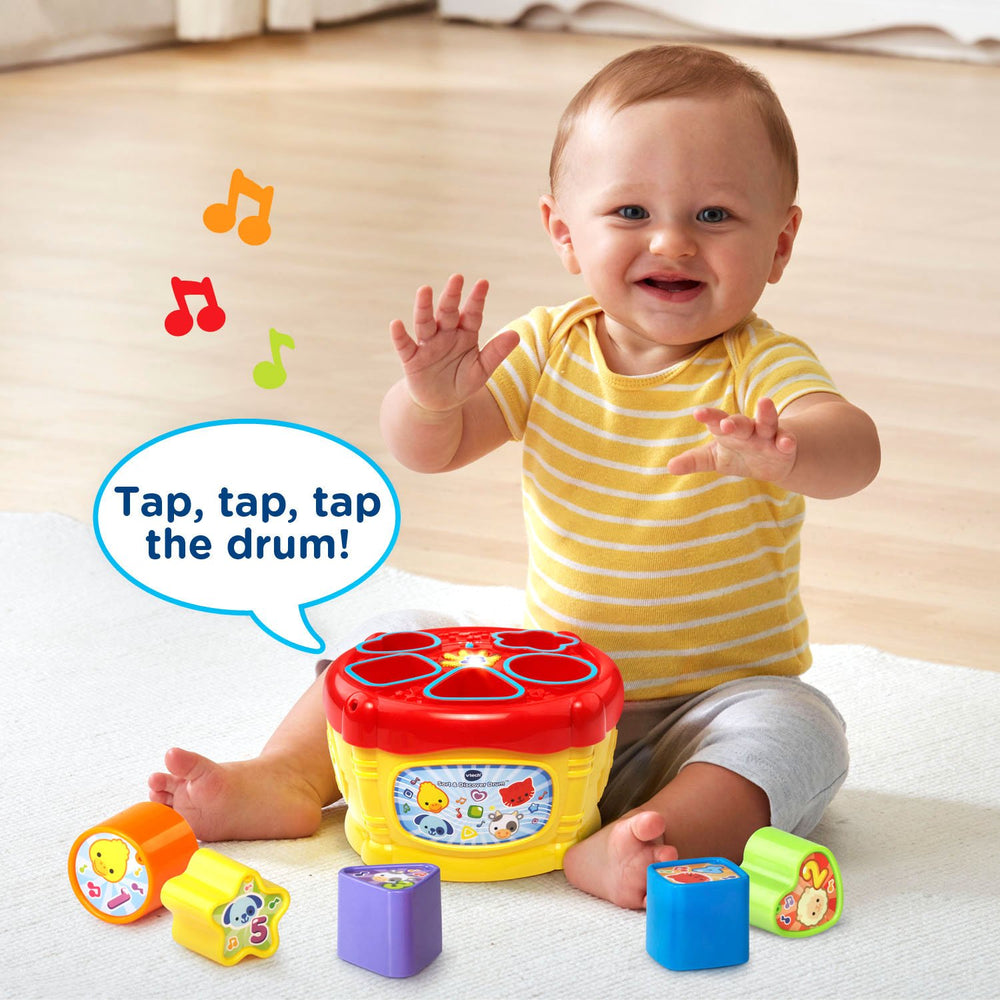 VTech Sort and Discover Drum tapping creates varied drum sounds for imaginative music play.