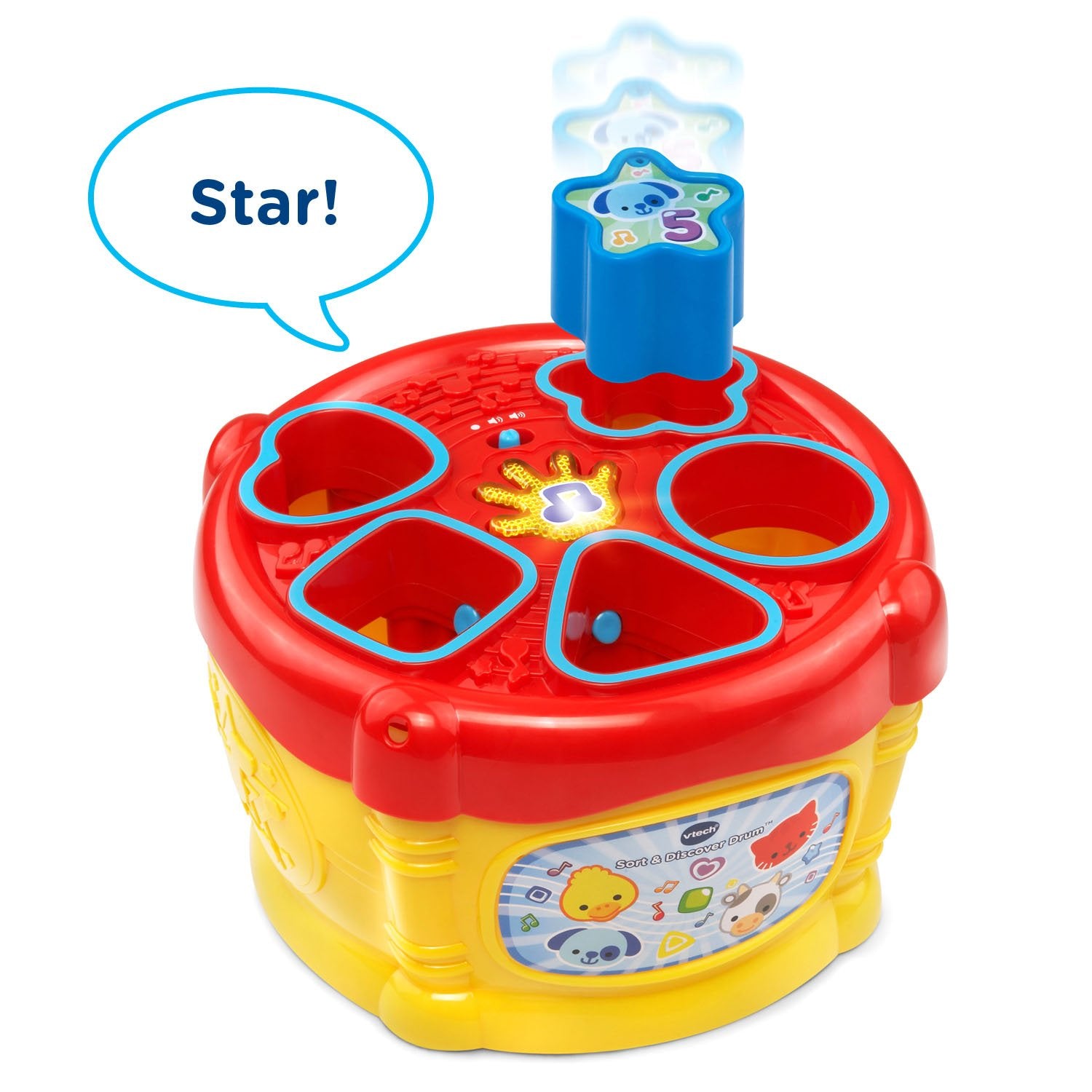 VTech Sort and Discover Drum top-dump action encourages repeated, simple reshuffles.