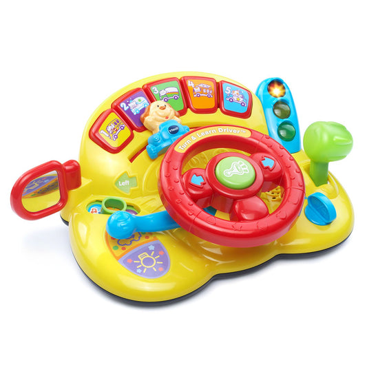 VTech Turn and Learn Driver yellow steering wheel promotes fine motor skills through interactive play.