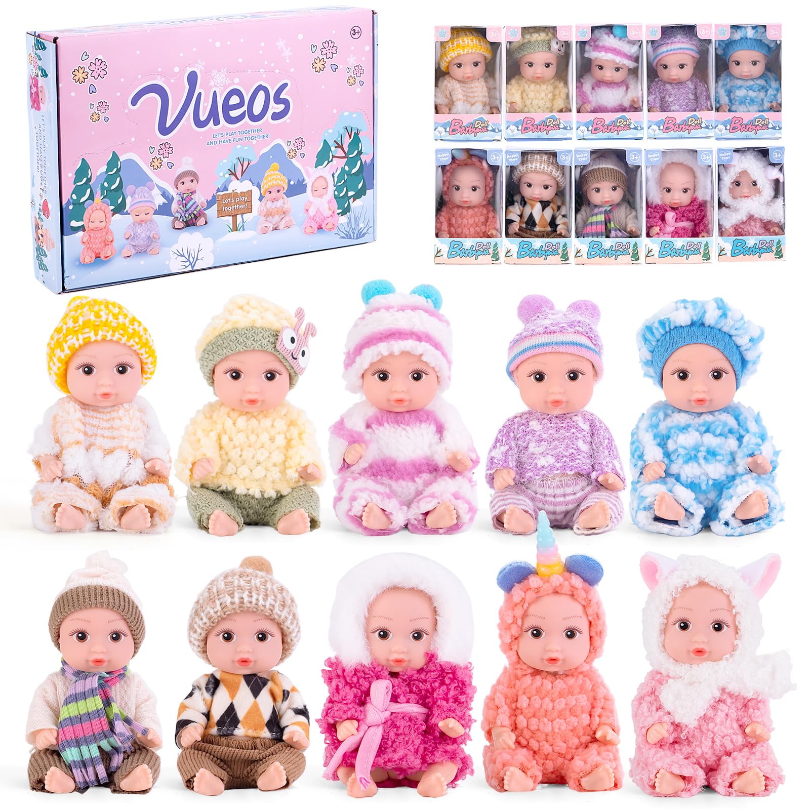Vueos 10pcs open-eye dolls set shown together for imaginative play