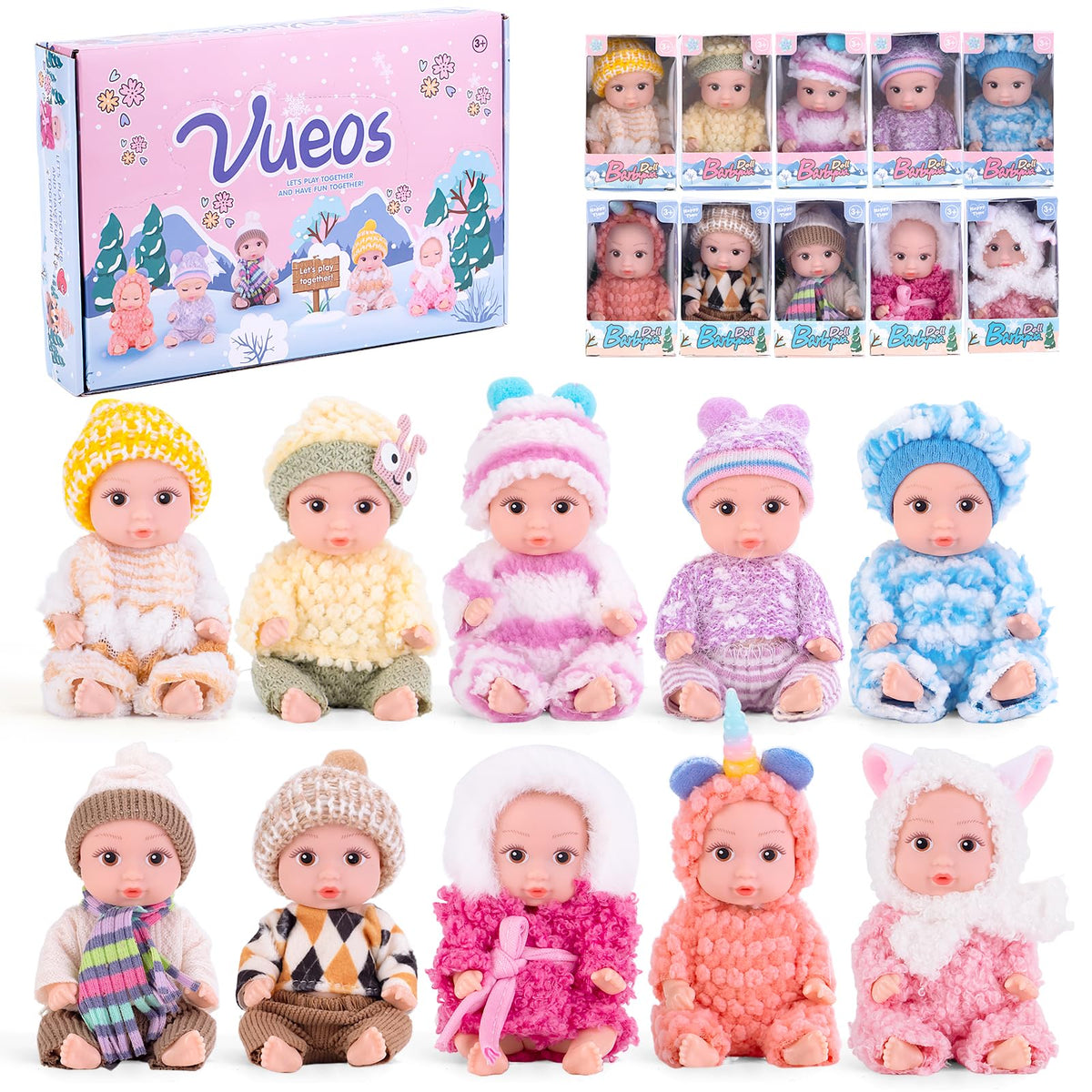 Vueos 10pcs open-eye dolls set shown together for imaginative play