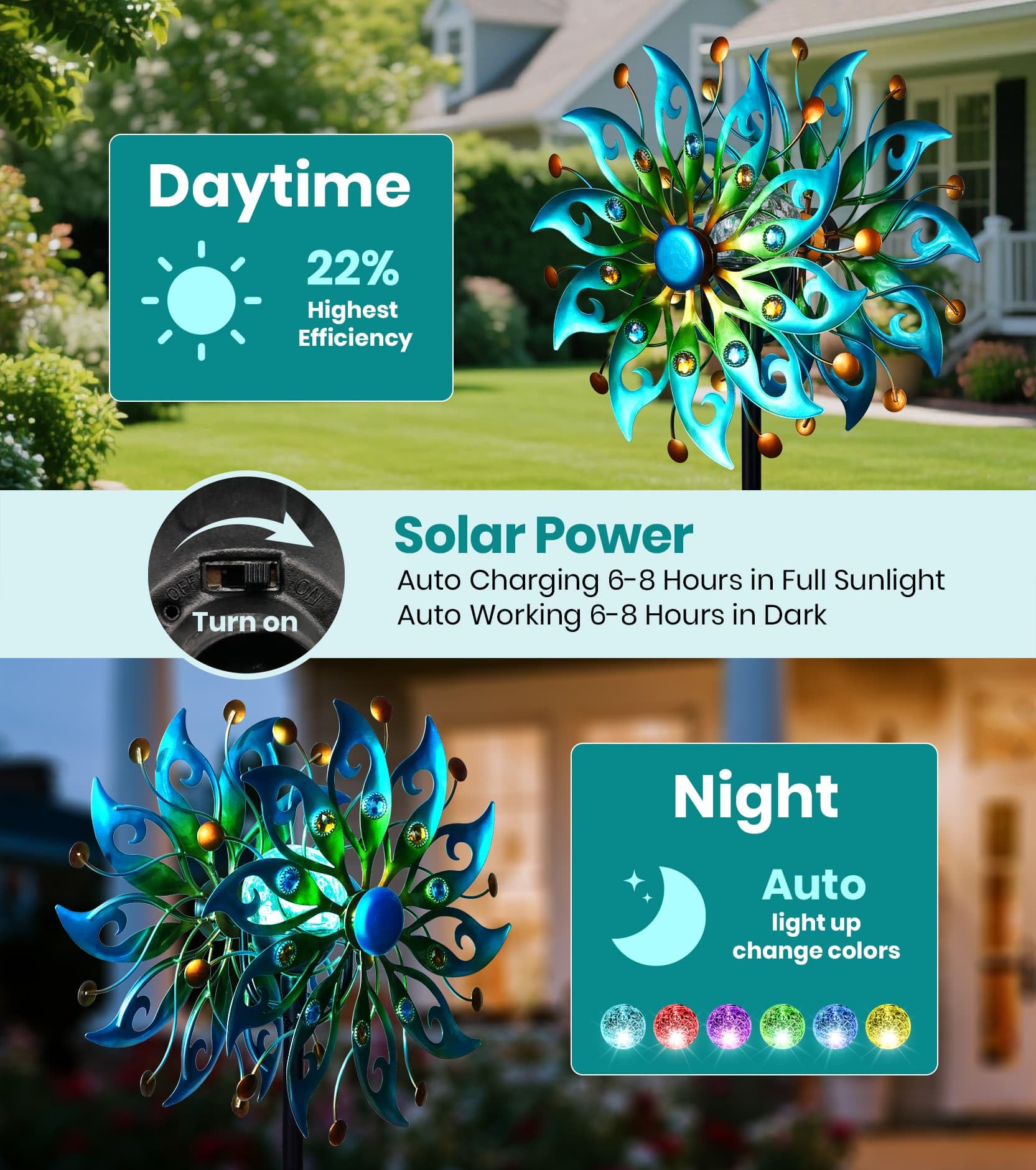 VUFOZ crackle glass globe with LED glow enhances nighttime garden ambiance.