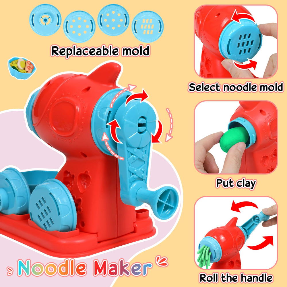 Waffle maker and colorful dough add a sweet touch to playtime.