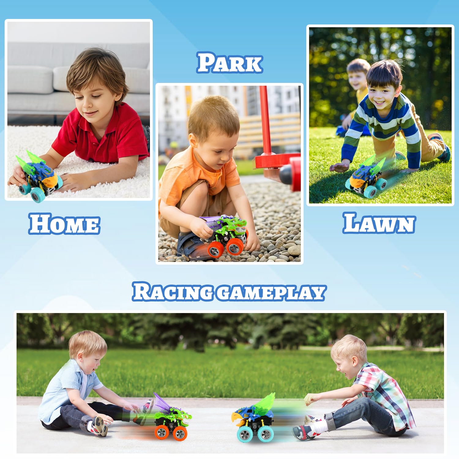 VUSUMOK 360-rotation-dino-truck: easy stunt action for active play.