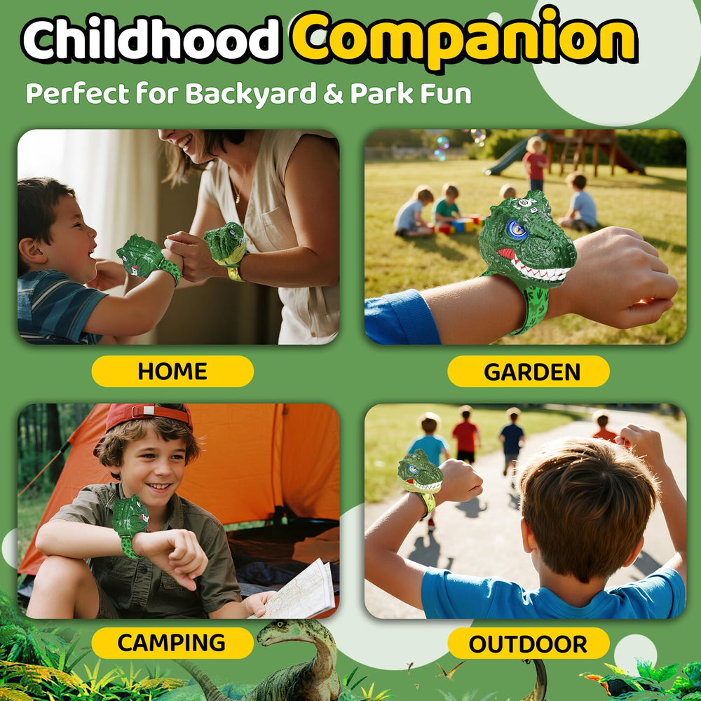 Vvinca kids using dinosaur walkie talkies outdoors for imaginative play.
