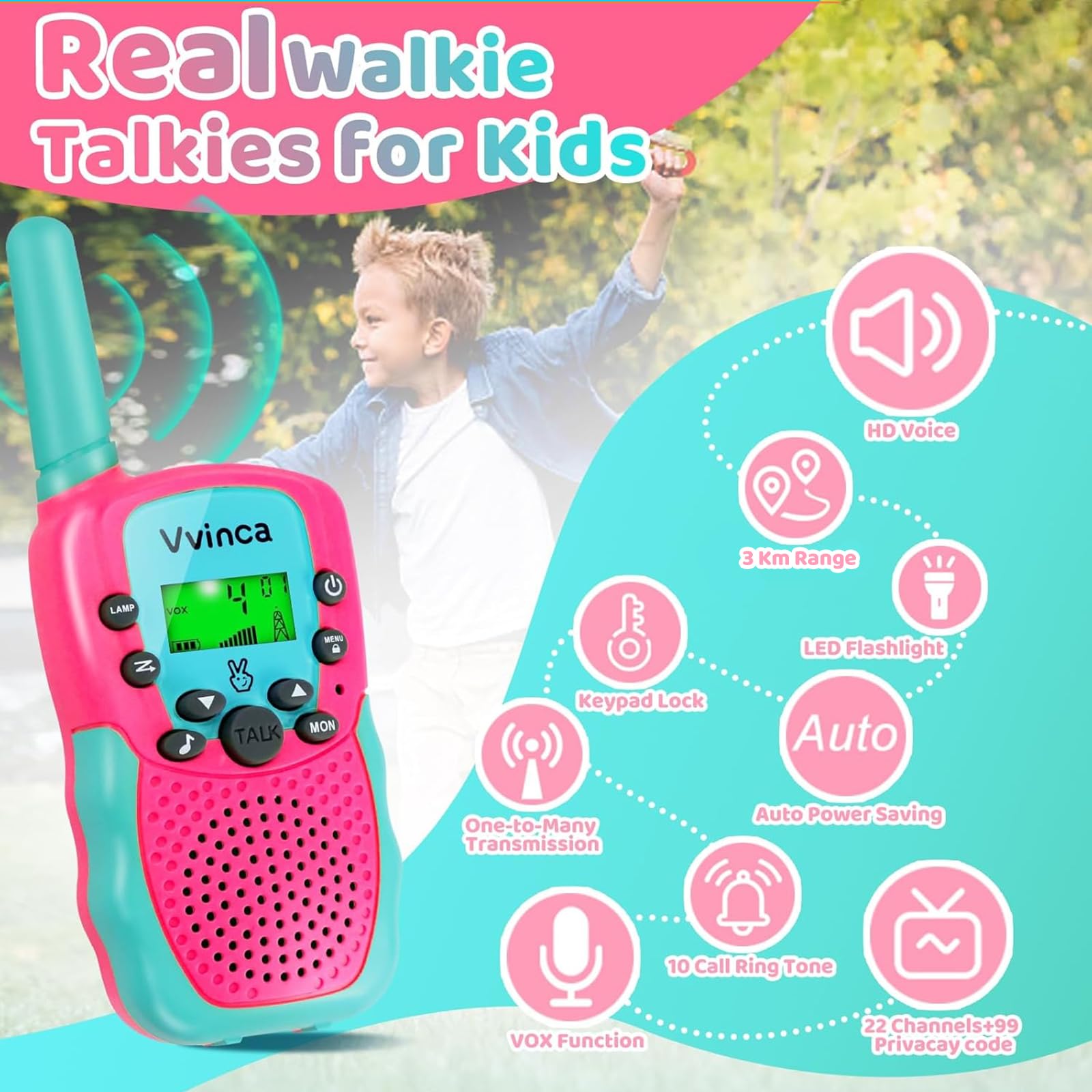 Vvinca walkie talkies feature 22 channels and private sub-channels for privacy