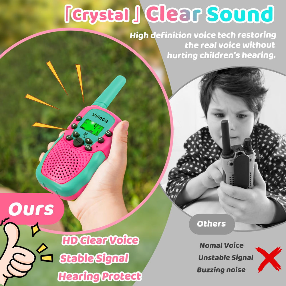 Vvinca walkie talkies 3-pack close-up showing durable design and safety features.