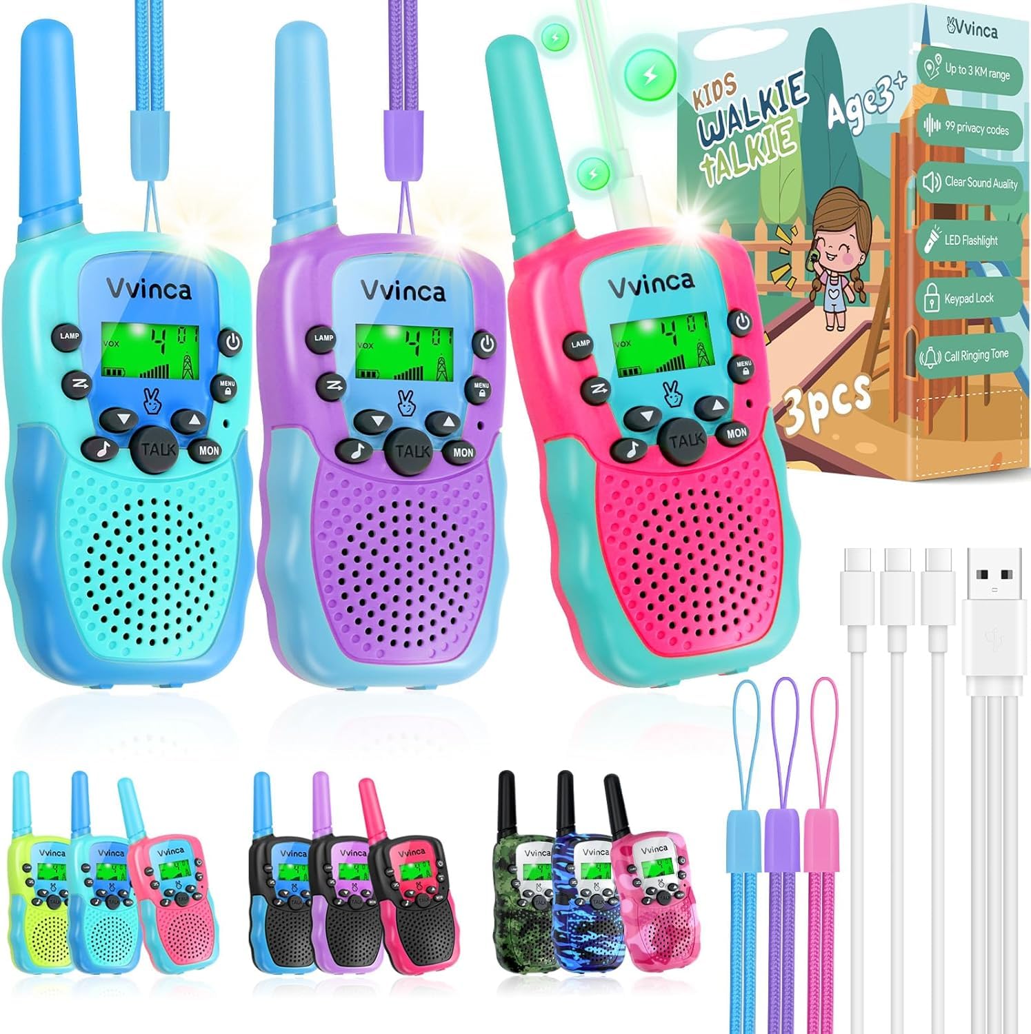 Vvinca walkie talkies 3-pack front view for kid-friendly outdoor communication.