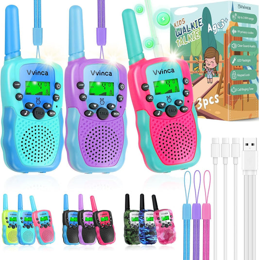 Vvinca walkie talkies 3-pack front view for kid-friendly outdoor communication.