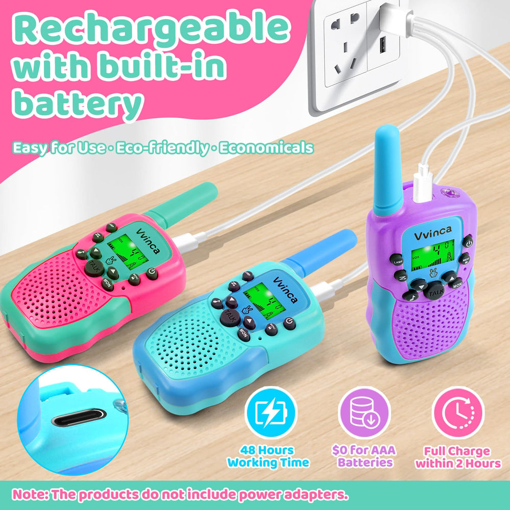 Vvinca walkie talkies 3-pack charging cable connection shows USB-C recharge.