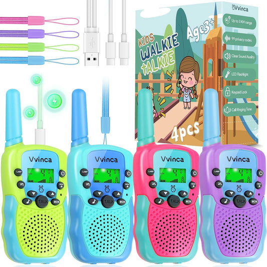 Vvinca Walkie Talkies 4-pack for kids enables safe, on-the-go family communication during outdoor adventures.