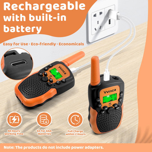Vvinca walkie-talkies with rechargeable battery for extended playtime.