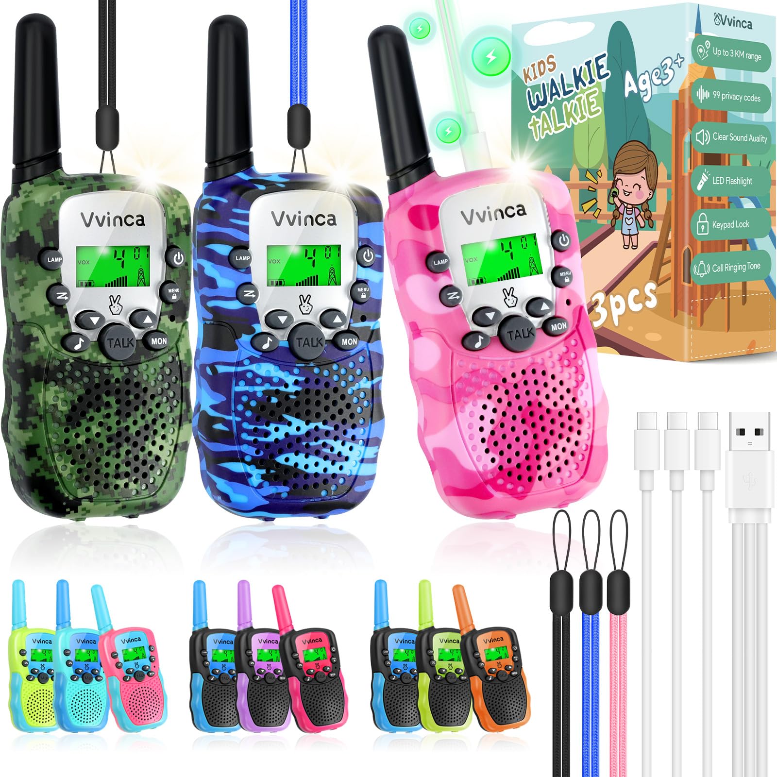 Vvinca three-pack walkie talkies front view with kid-friendly design
