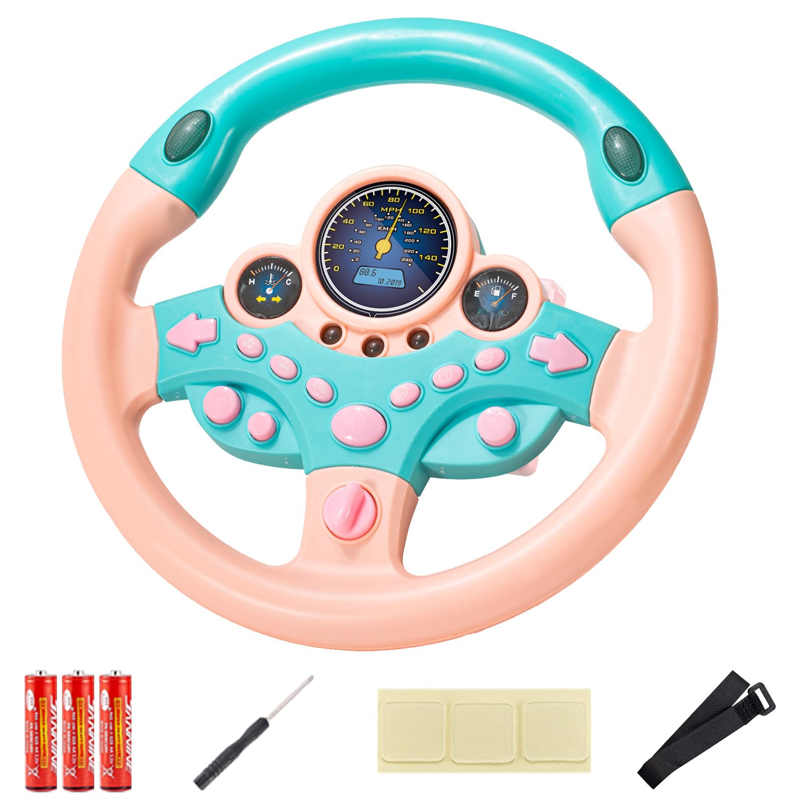 VVistch kids steering wheel toy with pink lights and music for engaging backseat play