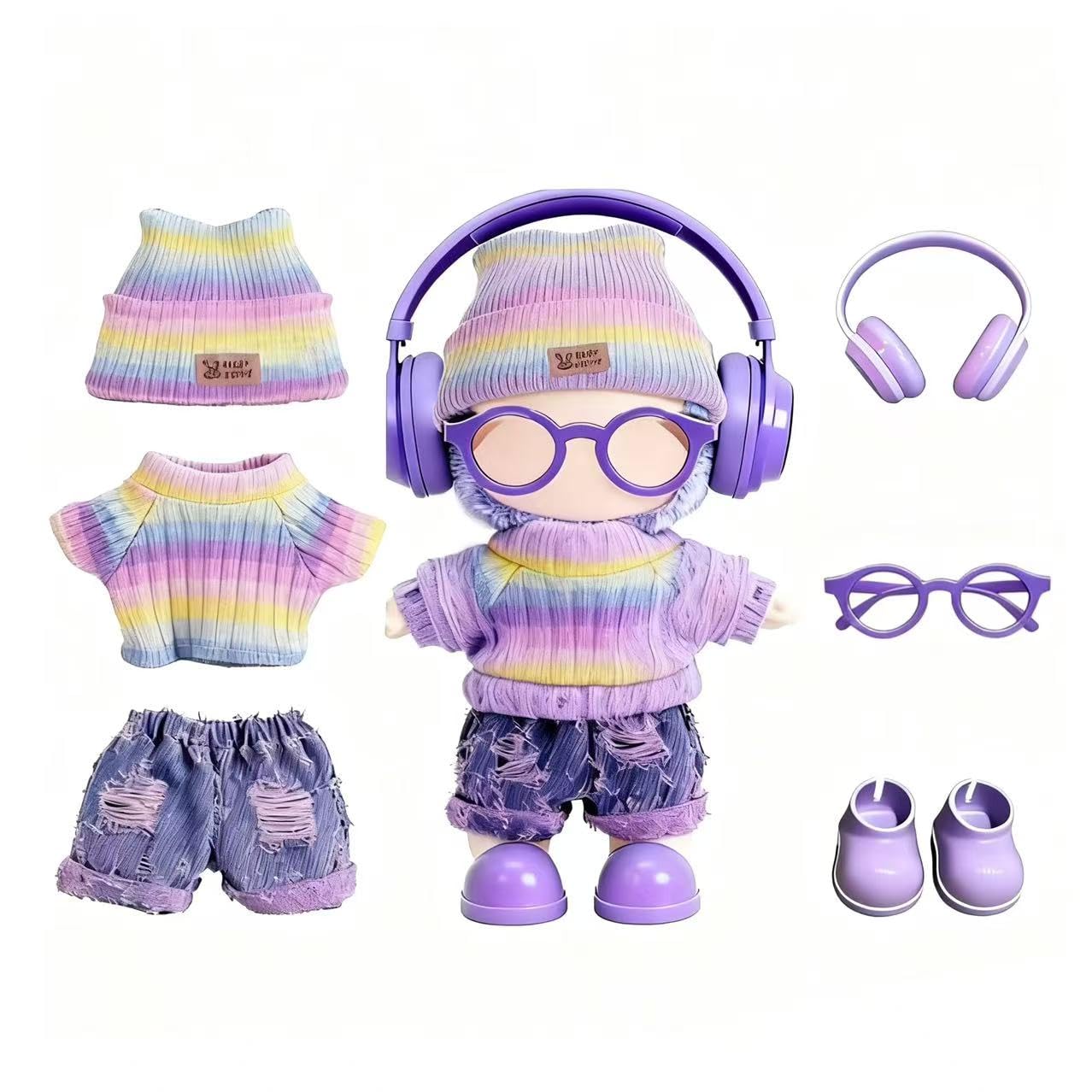VVQUI 17cm rainbow doll outfit set with hat and skirt for imaginative play.
