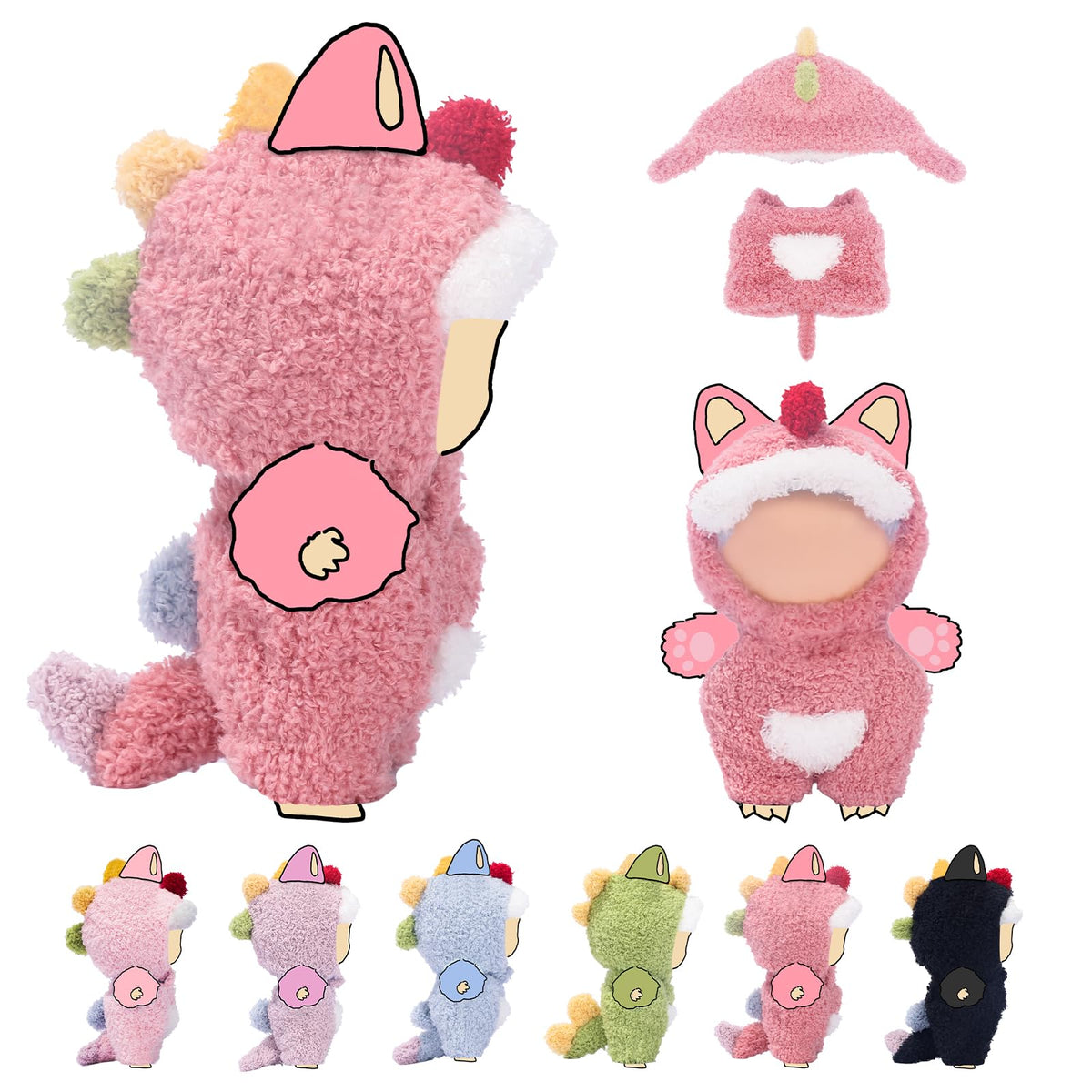 VVQUI 17cm doll rose-red dino jumpsuit for snug, stylish playtime outfits.
