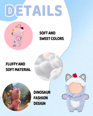 VVQUI doll clothes photoshoot outfit, light-blue dinosaur costume on display.