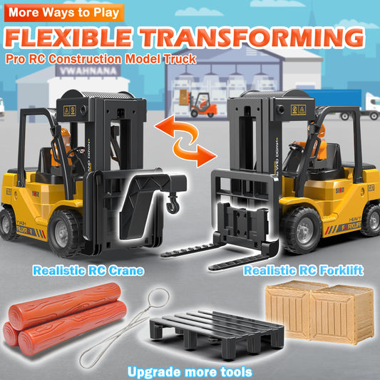 VWAHNANA RC forklift side view showcases real-world proportions for immersive pretend warehouse tasks.