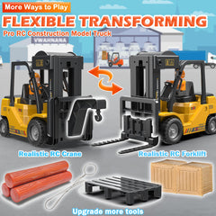 VWAHNANA RC forklift side view showcases real-world proportions for immersive pretend warehouse tasks.