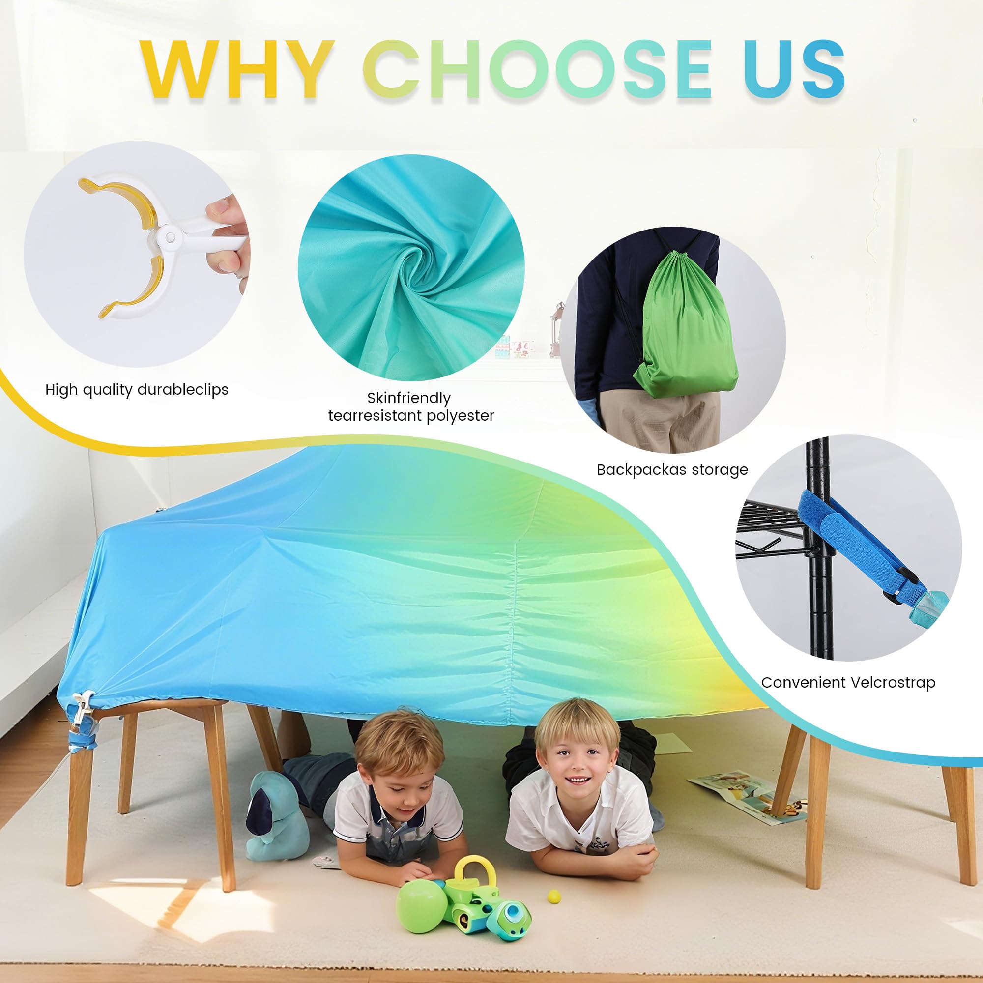 Fort secured with clips, weights, and straps for versatile placement.