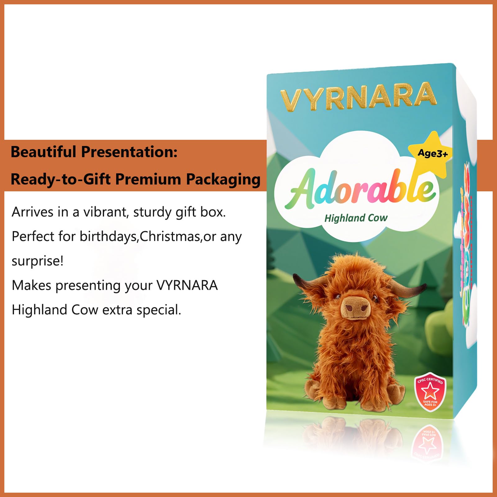 VYRNARA Highland Cow plush in brown, perfect for playtime and rustic room decor.