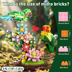 Vziimo 1050-piece building bricks for a detailed botanical parrot scene.