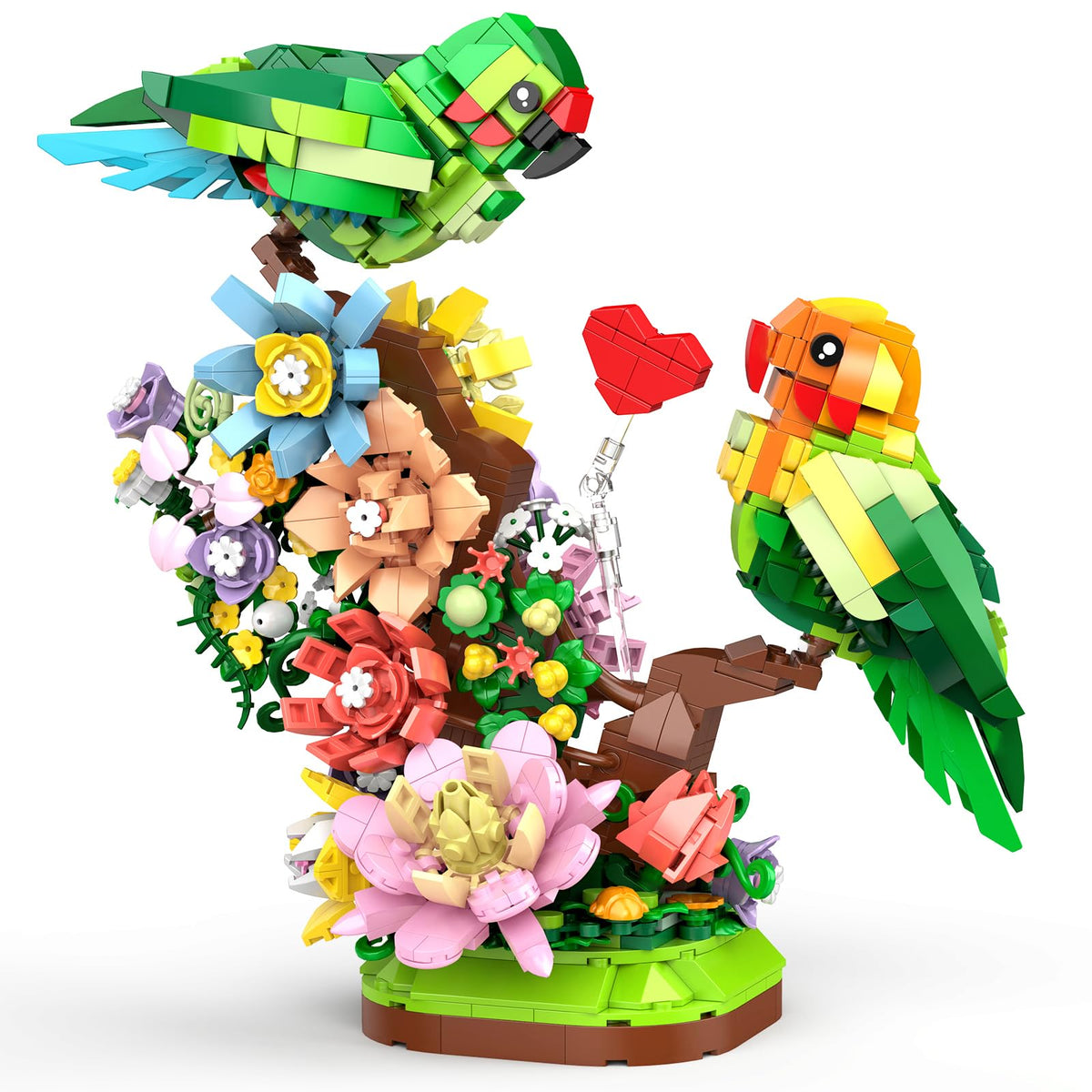 Vziimo Flowers Love Bird Building Set on a desk ready for display and gifting.