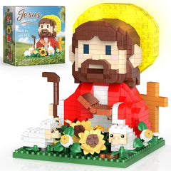 Vziimo Jesus and Flowers Building Set displays Jesus with sunflowers and sheep for a calming desk display