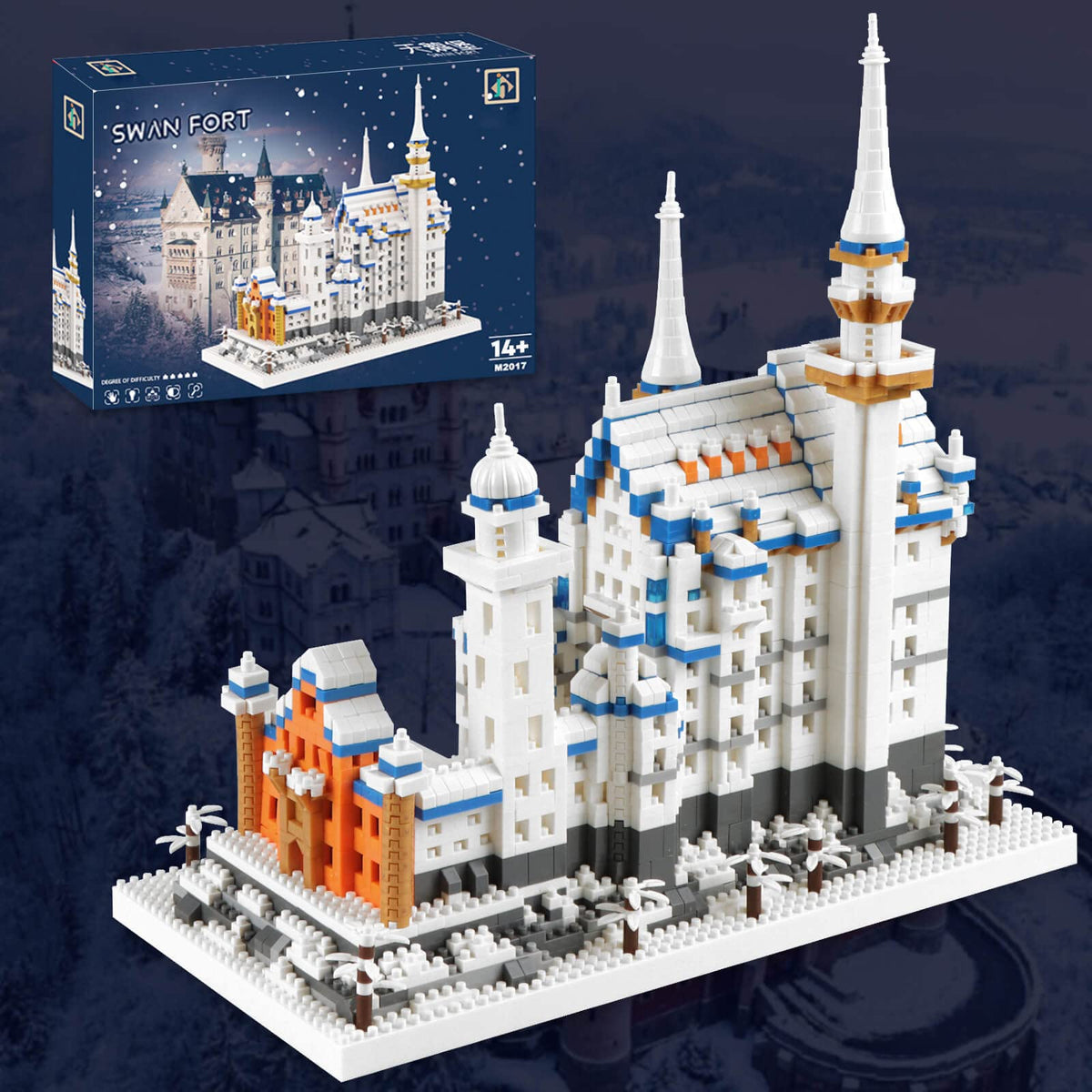 Vziimo Swan Stone Castle micro blocks display piece with intricate architecture.