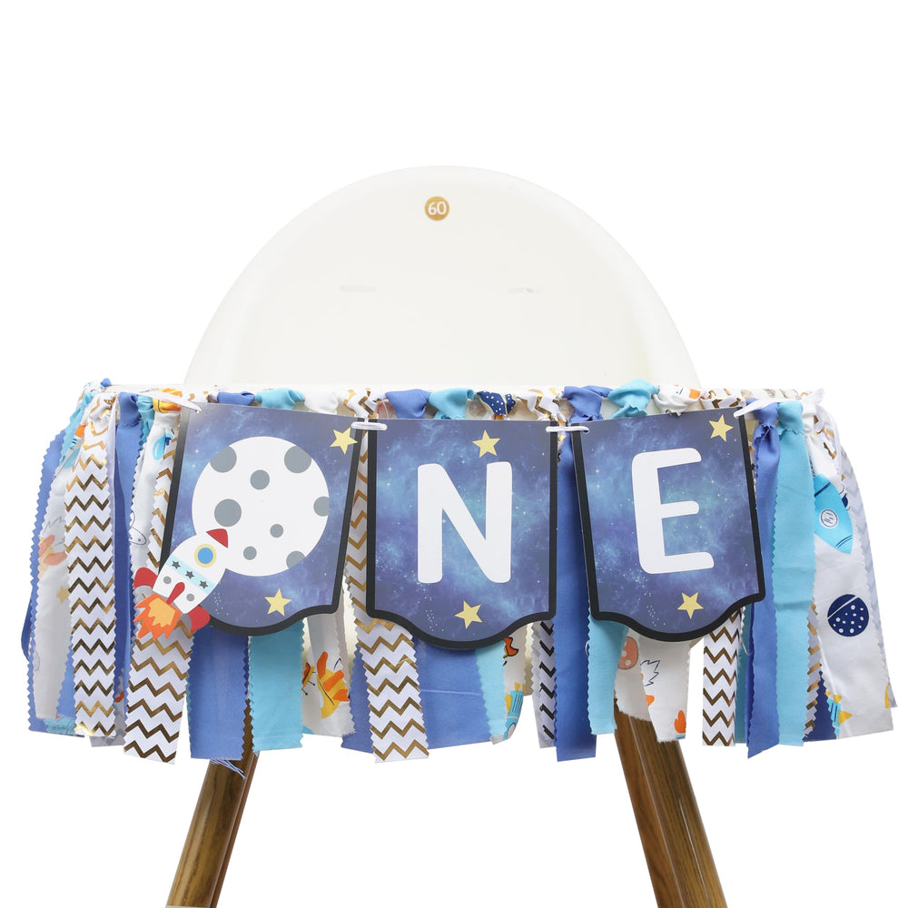 WAUAO outer space high chair banner with planets for a vibrant first birthday setup