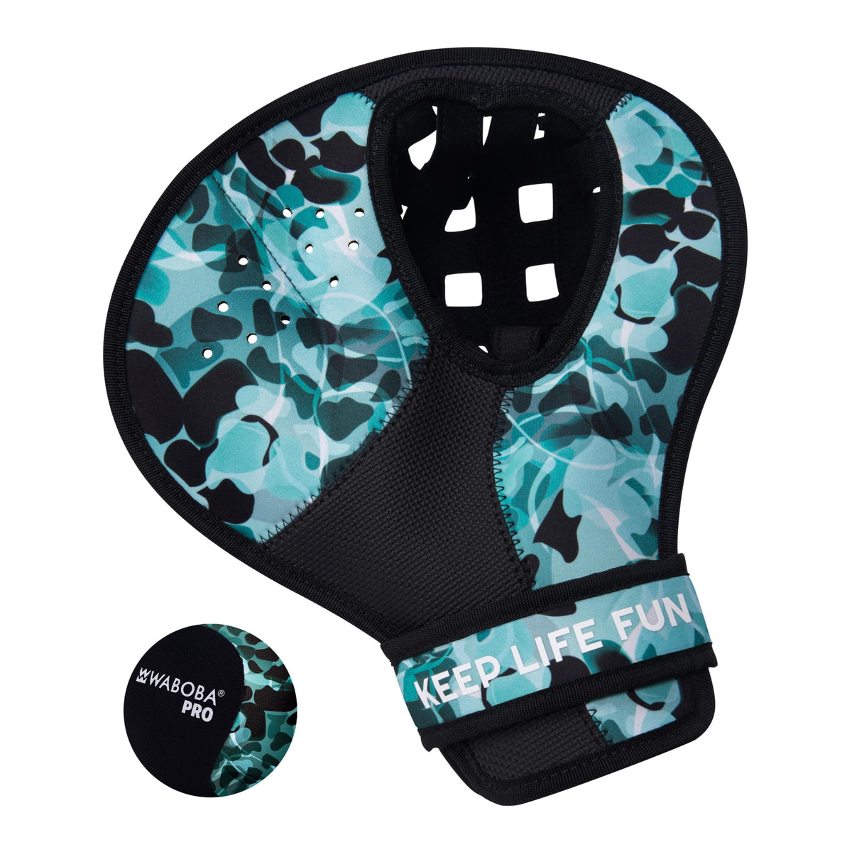 Waboba Catch Water Glove Pro mitt catching water balls for sunny beach play.