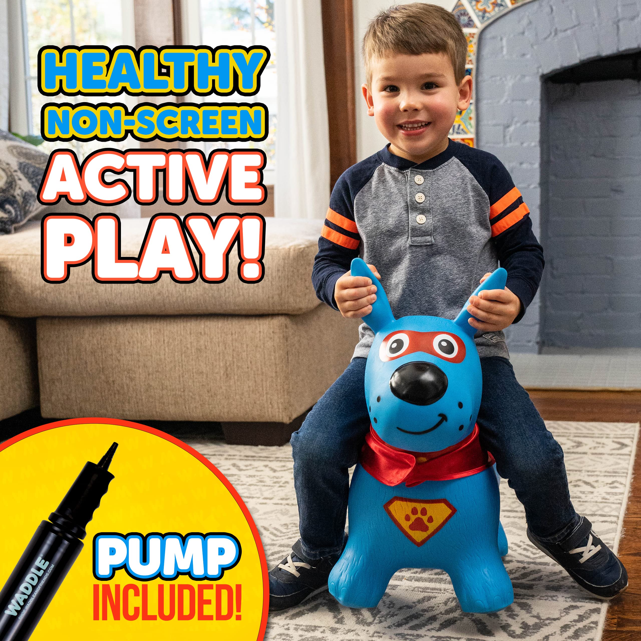 WADDLE blue superhero dog hopper outdoors for versatile play.