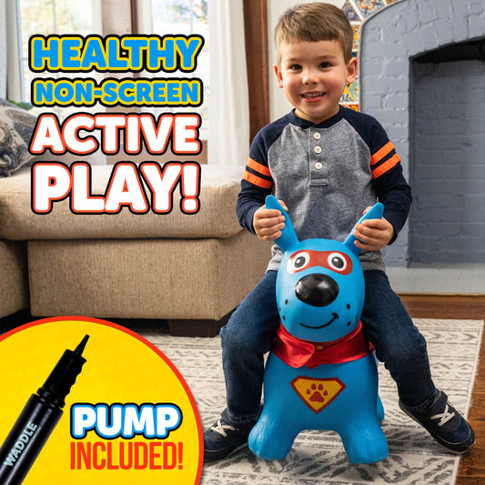 WADDLE blue superhero dog hopper outdoors for versatile play.