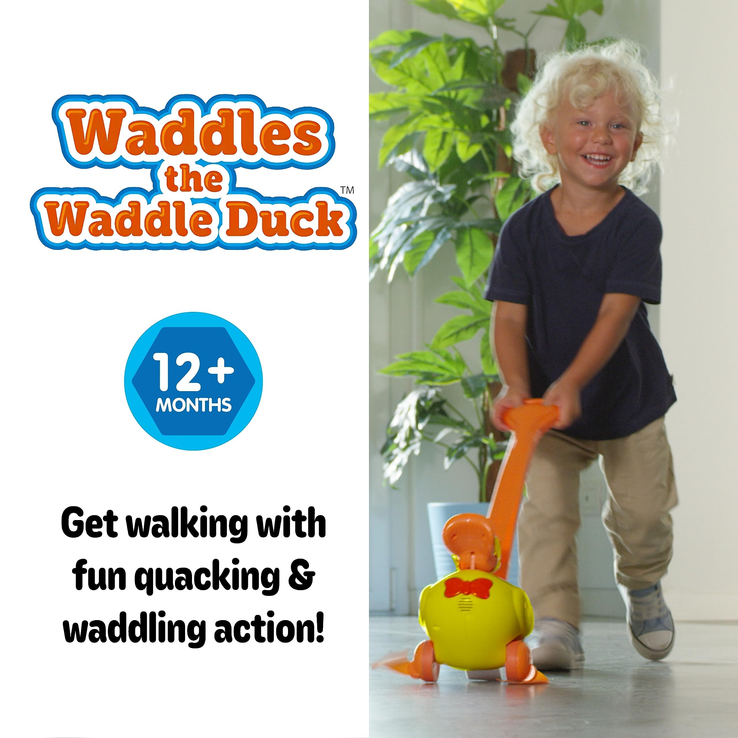 Waddles waddling action with a sturdy handle for toddlers