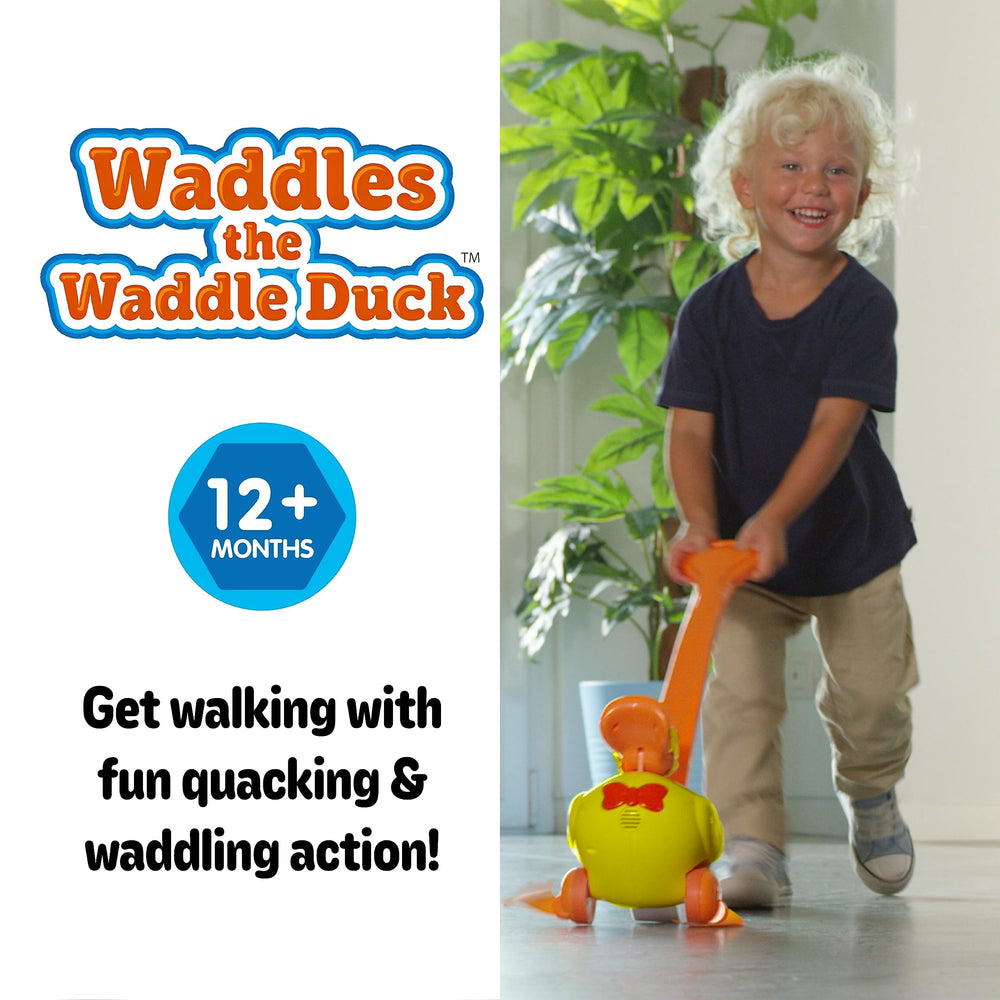 Waddles waddling action with a sturdy handle for toddlers