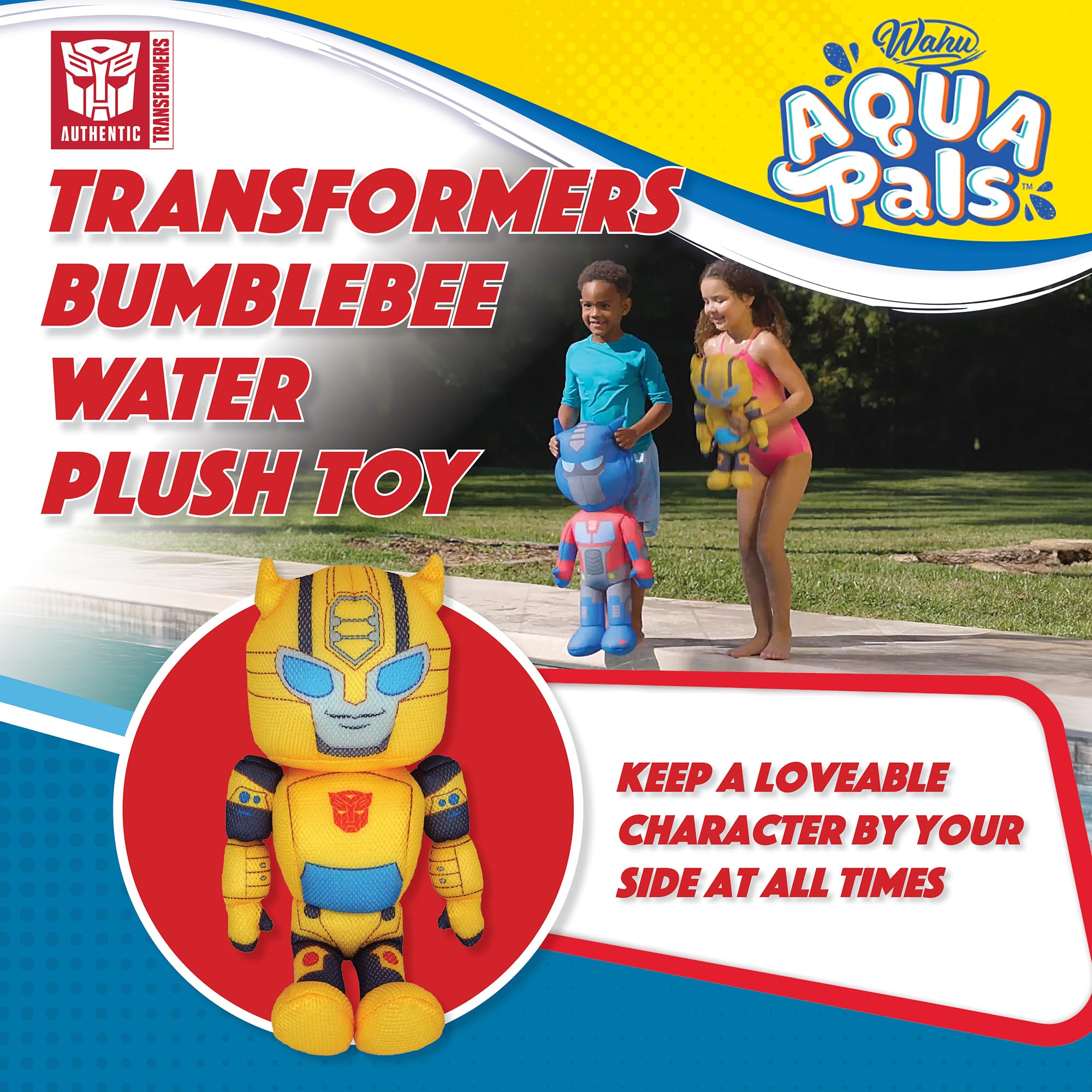 WAHU Aqua Pals Bumblebee plush in hands by the poolside