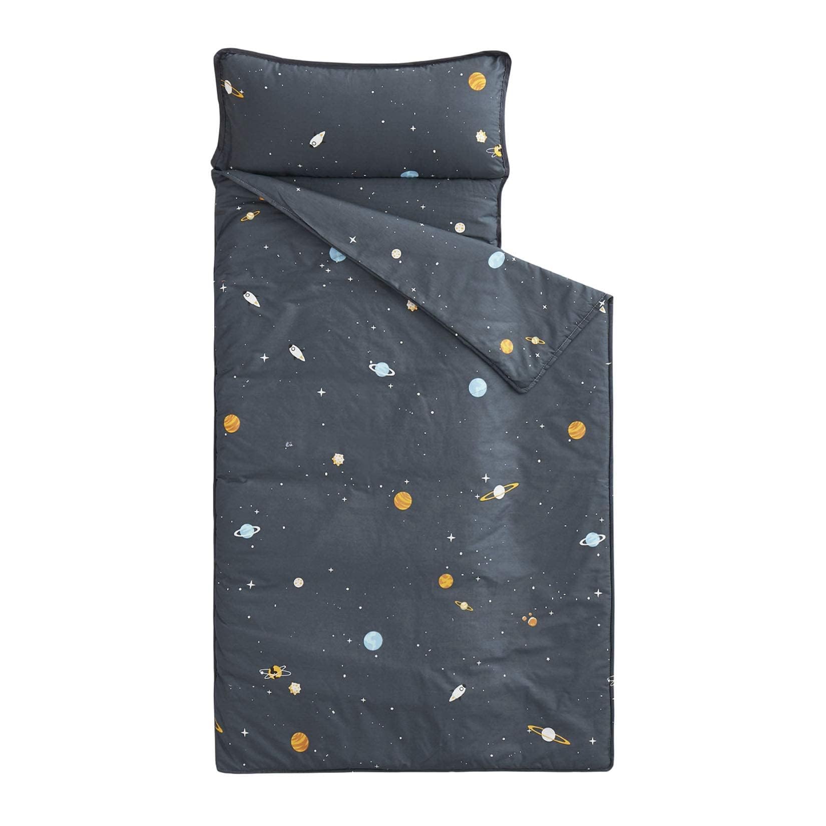 Wake In Cloud nap mat with galaxy design engages kids during cozy preschool naptime.