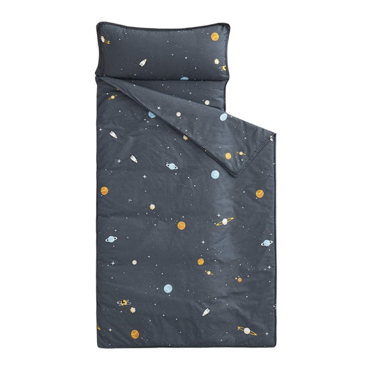 Wake In Cloud nap mat with galaxy design engages kids during cozy preschool naptime.