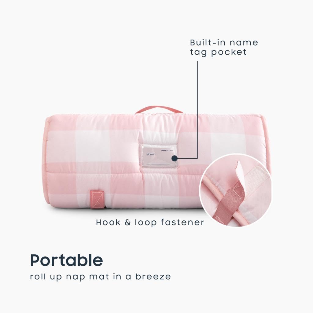 Wake In Cloud nap mat with handle and name card for portable classroom use.