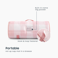 Wake In Cloud nap mat with handle and name card for portable classroom use.