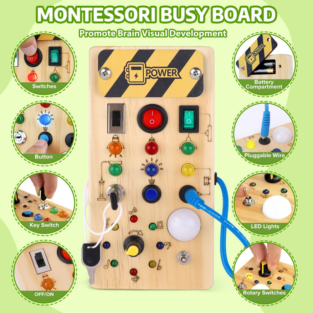 wakeInsa Busy Board features eight switches and fourteen LEDs for fine motor play.